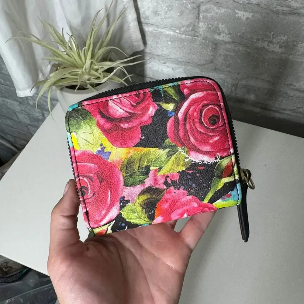Juicy Couture Floral Rose Zip Around Bifold Wallet Black Pink NWOT